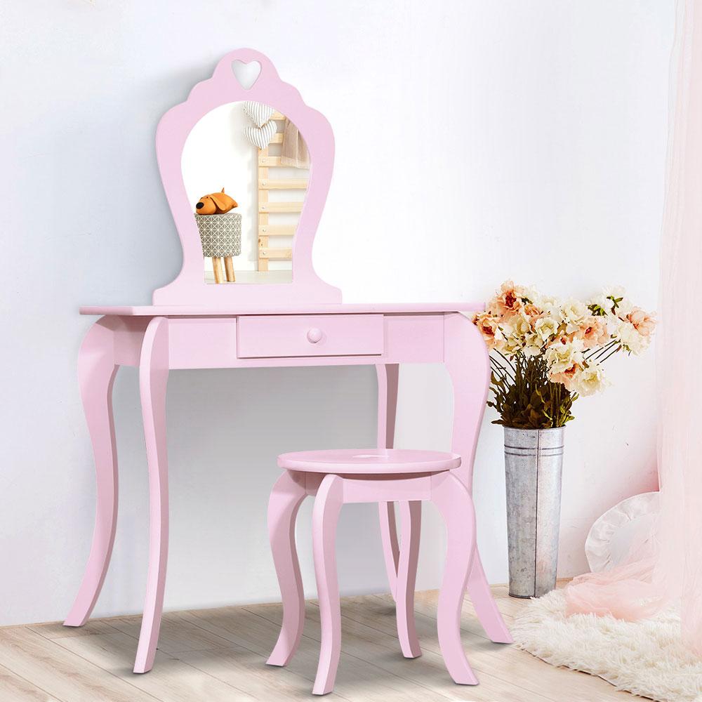 Keezi Pink Kids Vanity Dressing Table Set with stool and faux mirror, designed for little girls to enjoy makeup and play.